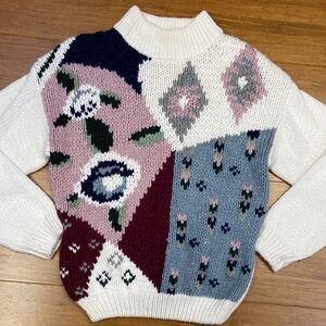 Vintage Jamie Scott Hand Knit Floral Patchwork Like Turtleneck Sweater size M